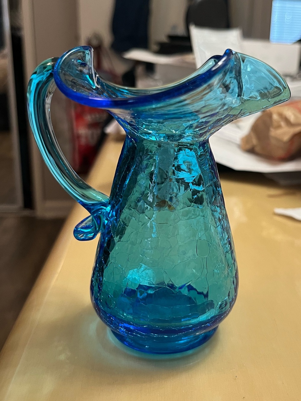 Vintage Blue Crackle Glass Mini Pitcher